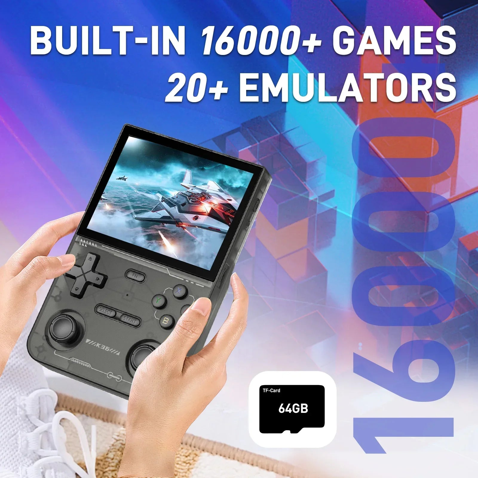 K36 3.5Inch IPS Screen Handheld Game Console 64GB Memory Classic Games Portable Handheld Open Source Game Console
