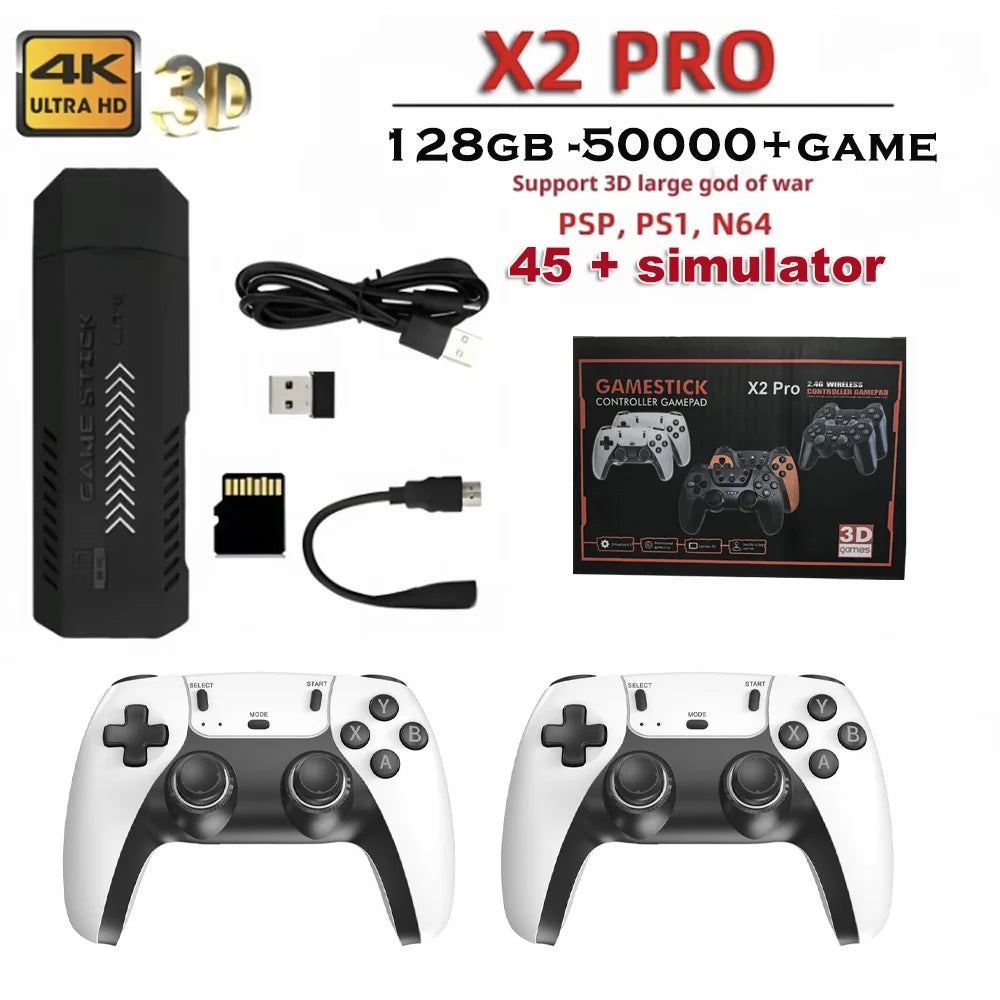 New X2 Pro Game Stick 44/45 Emulators 50000+ Retro Games Rechargeable Wireless Controller Home TV 2/4Players Kids Gift