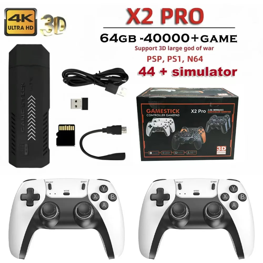 New X2 Pro Game Stick 44/45 Emulators 50000+ Retro Games Rechargeable Wireless Controller Home TV 2/4Players Kids Gift